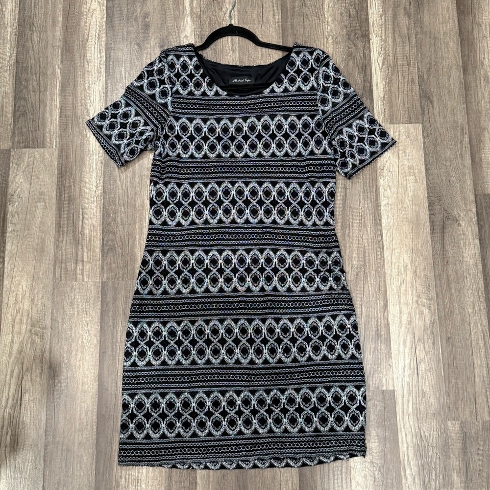 MICHAEL TYLER Short Sleeve Black/Silver Printed Knit Dress (LG)